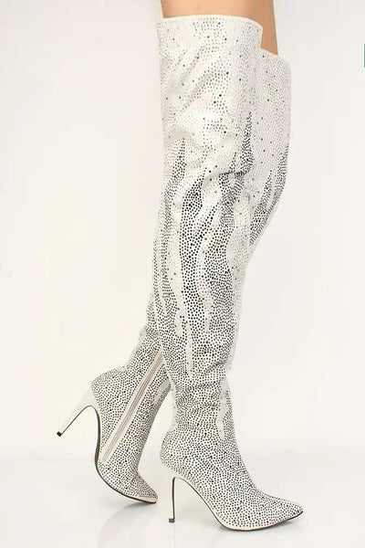 Sexy Silver Rhinestone Flame High Heels Thigh High Boots Faux Suede - AMIClubwear