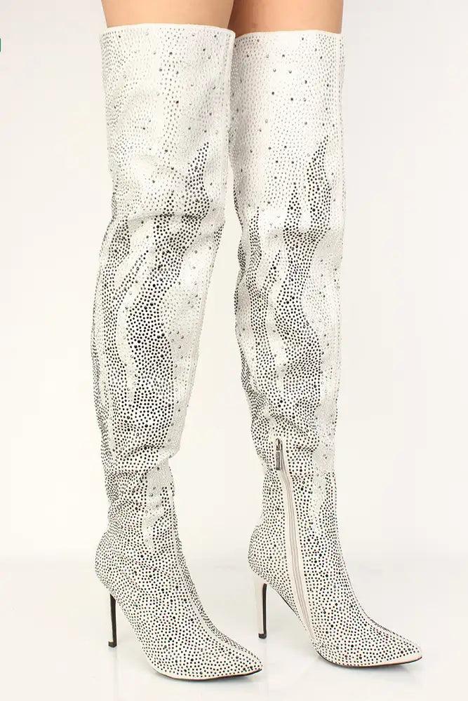 Sexy Silver Rhinestone Flame High Heels Thigh High Boots Faux Suede - AMIClubwear