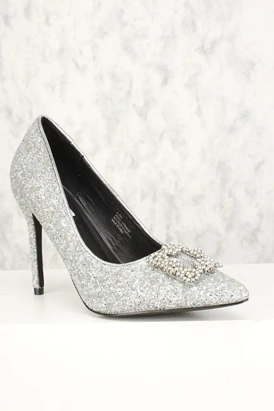 Sexy Silver Rhinestone High Heels Pumps Chunky Glitter - AMIClubwear