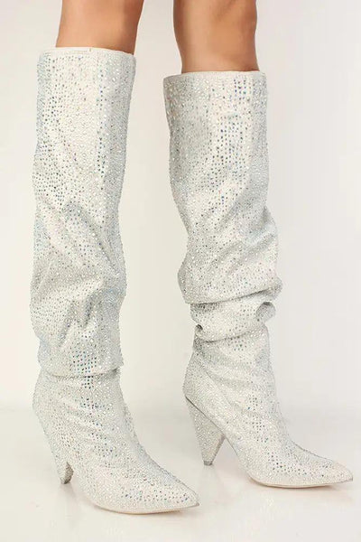 Sexy Silver Rhinestone Pointy Toe Slouchy High Heels Boots Faux Suede - AMIClubwear