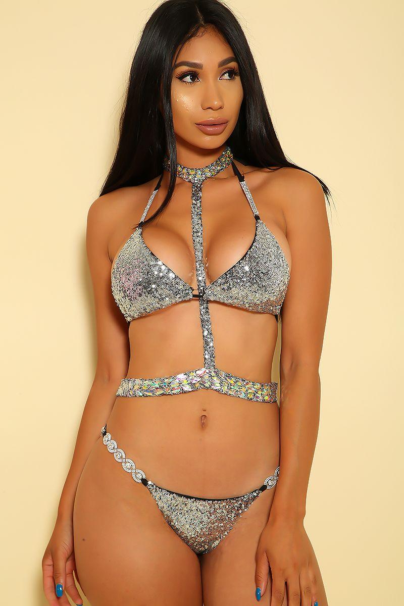 Sexy Silver Sequin Gemstone Accent Two Piece Swimsuit - AMIClubwear