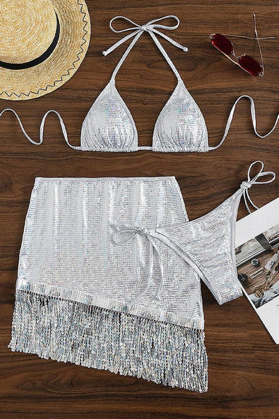 Sexy Silver Sparkly 3pc Bikini With Skirt - AMIClubwear