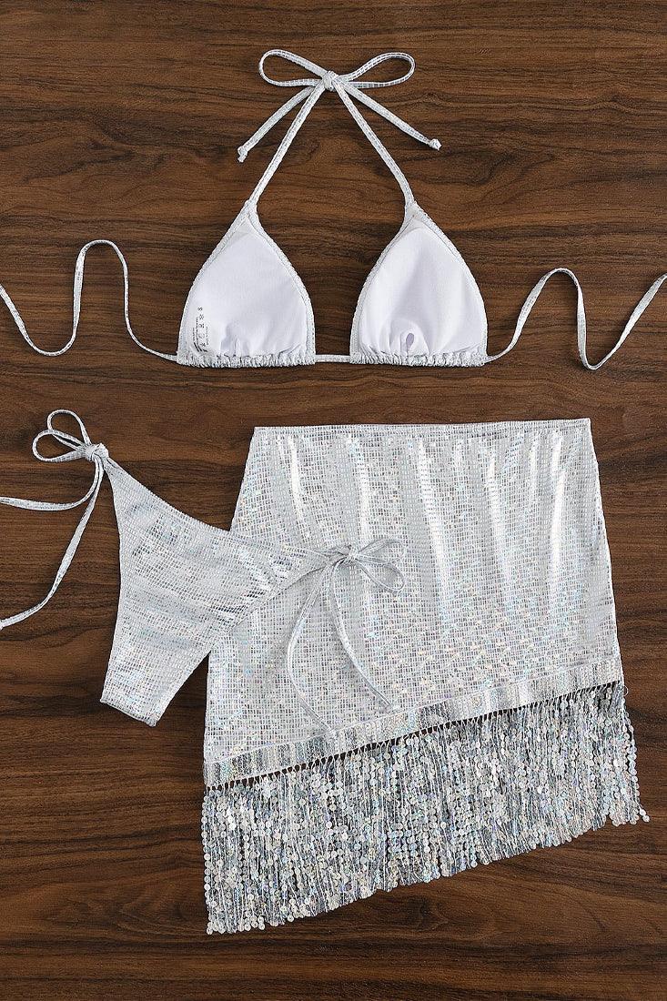 Sexy Silver Sparkly 3pc Bikini With Skirt - AMIClubwear