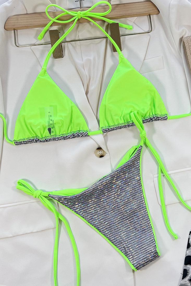 Sexy Silver Square Hologram Print Bikini With Lime Trim - AMIClubwear