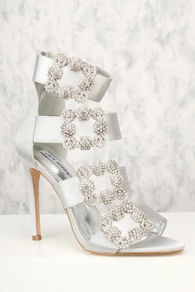 Sexy Silver Strappy Texture Buckle High Heels - AMIClubwear