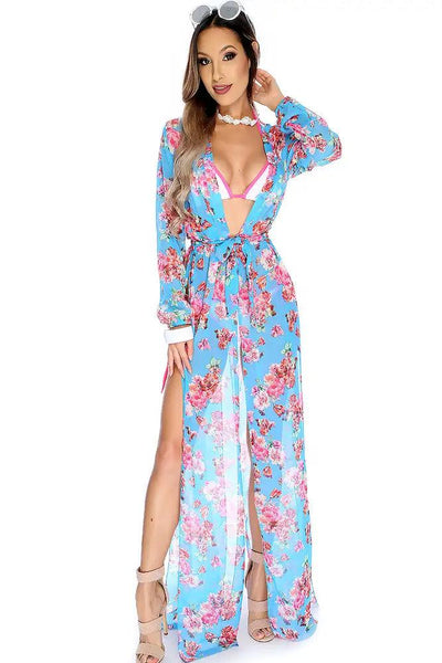 Sexy Sky Blue Floral Print Long Versatile Swimsuit Cover Up Vacation Beach Wear - AMIClubwear