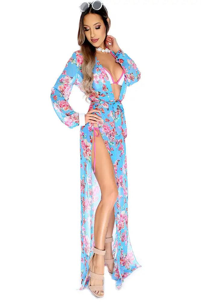 Sexy Sky Blue Floral Print Long Versatile Swimsuit Cover Up Vacation Beach Wear - AMIClubwear