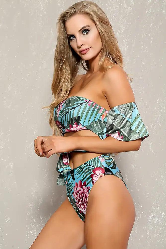 Sexy Sky Blue Green Tropical Print Two Piece Swimsuit Set - AMIClubwear