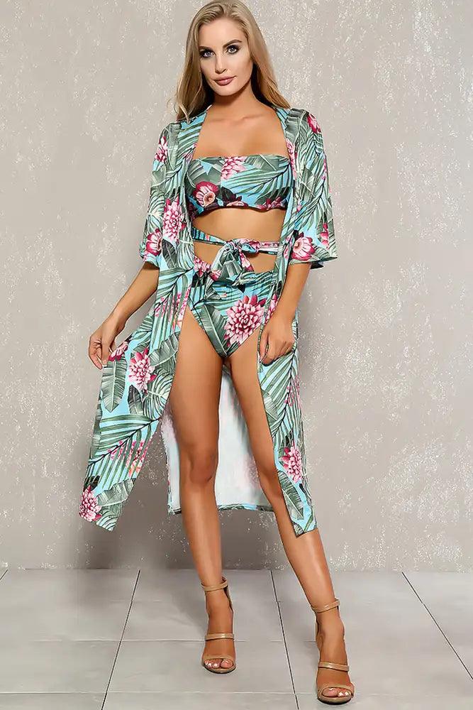 Sexy Sky Blue Green Tropical Print Two Piece Swimsuit Set - AMIClubwear