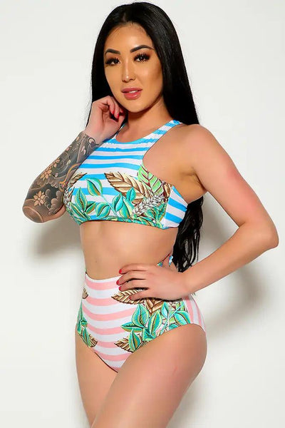 Sexy Sky Blue Pink  Leaf Print High Neck Two Piece Swimsuit - AMIClubwear