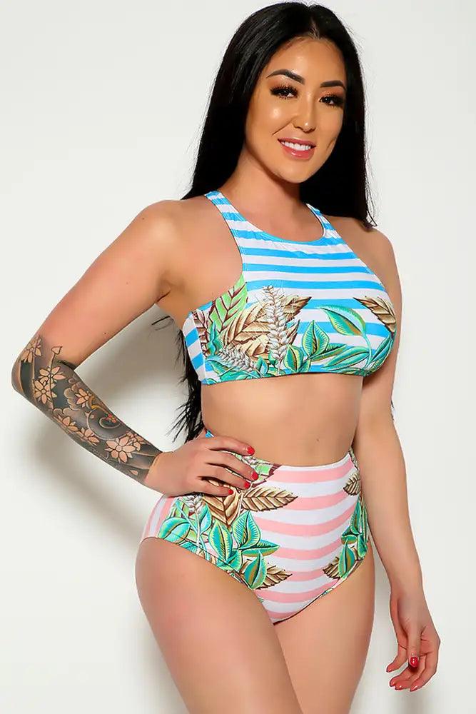 Sexy Sky Blue Pink  Leaf Print High Neck Two Piece Swimsuit - AMIClubwear