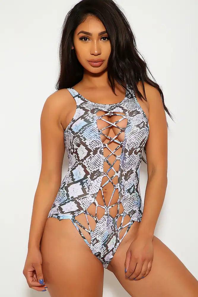 Sexy Snake Print Front Lace Up One Piece Swimsuit - AMIClubwear