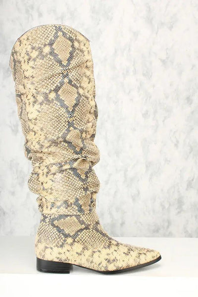 Sexy Snake Print Ruched Detail Flared Pointy Toe Boots - AMIClubwear