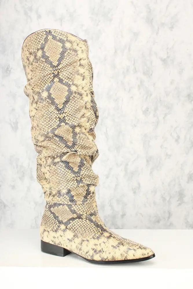 Sexy Snake Print Ruched Detail Flared Pointy Toe Boots - AMIClubwear