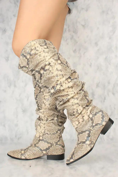 Sexy Snake Print Ruched Detail Flared Pointy Toe Boots - AMIClubwear