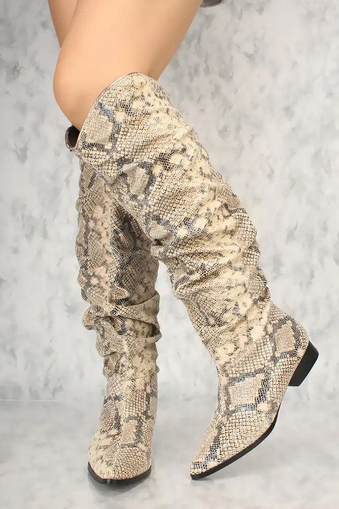 Sexy Snake Print Ruched Detail Flared Pointy Toe Boots - AMIClubwear