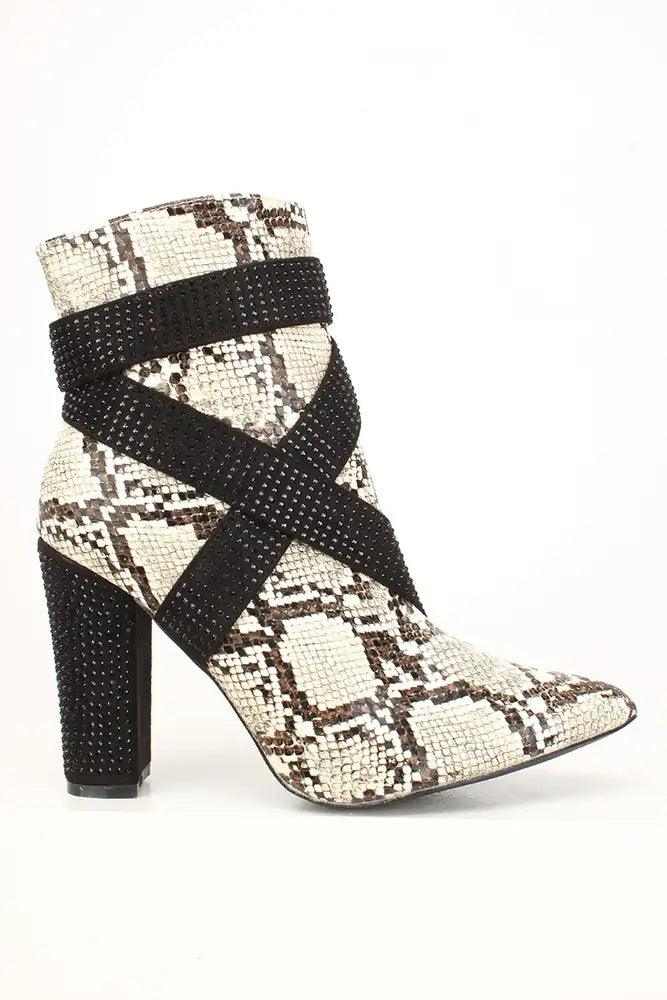 Sexy Snake Rhinestone Pointy Toe Chunky High Heels Booties Faux Leather - AMIClubwear