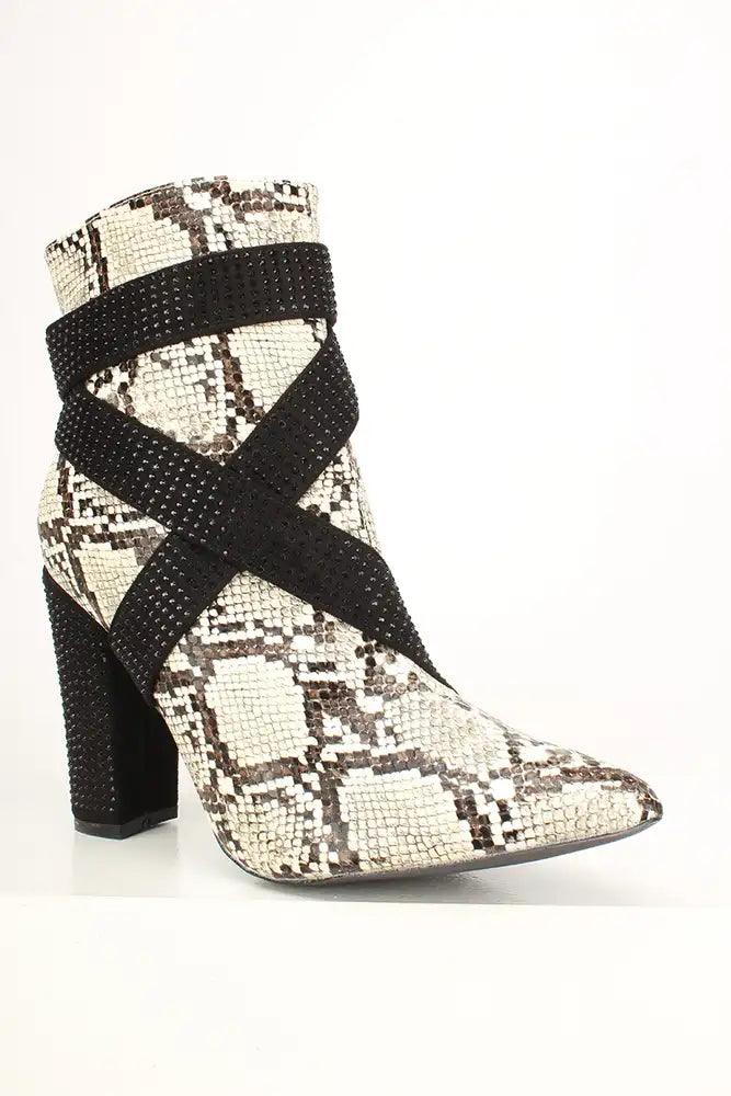 Sexy Snake Rhinestone Pointy Toe Chunky High Heels Booties Faux Leather - AMIClubwear