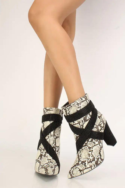 Sexy Snake Rhinestone Pointy Toe Chunky High Heels Booties Faux Leather - AMIClubwear