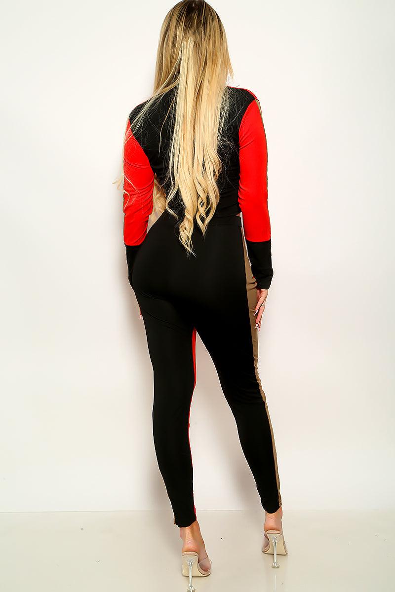 Sexy Sporty Red Long Sleeve Zip Up 2 Pc Set - AMIClubwear