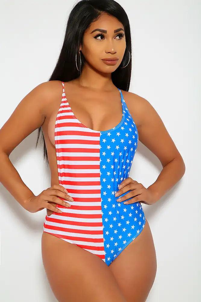 Sexy Stars Stripes America Flag Print Backless One Piece Swimsuit - AMIClubwear