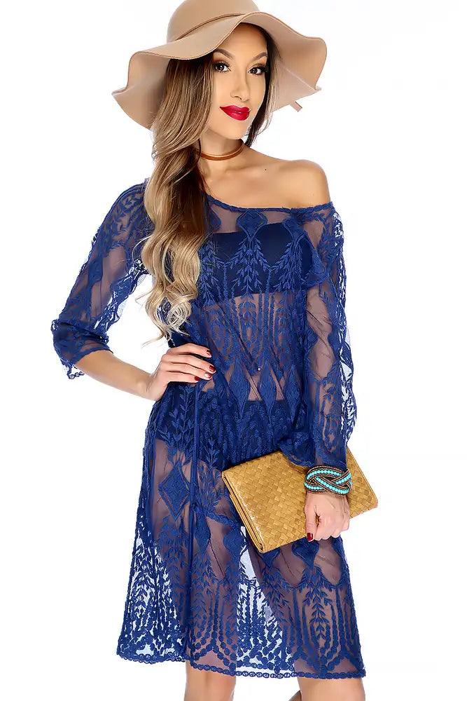 Sexy Steel Blue Mesh Embroider Patter Swimsuit Coverup - AMIClubwear