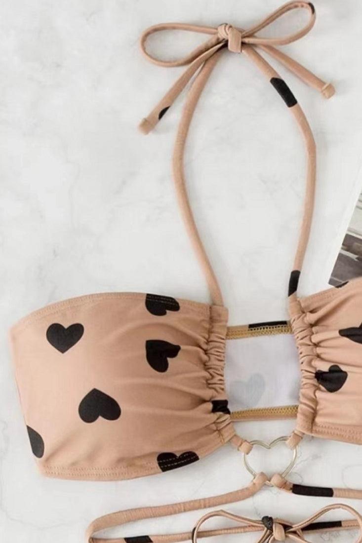 Sexy Tan Cheeky Bikini With Black Hearts - AMIClubwear