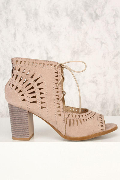 Sexy Taupe Perforated Peep Toe Cut Out Chunky High Heels - AMIClubwear