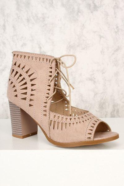 Sexy Taupe Perforated Peep Toe Cut Out Chunky High Heels - AMIClubwear