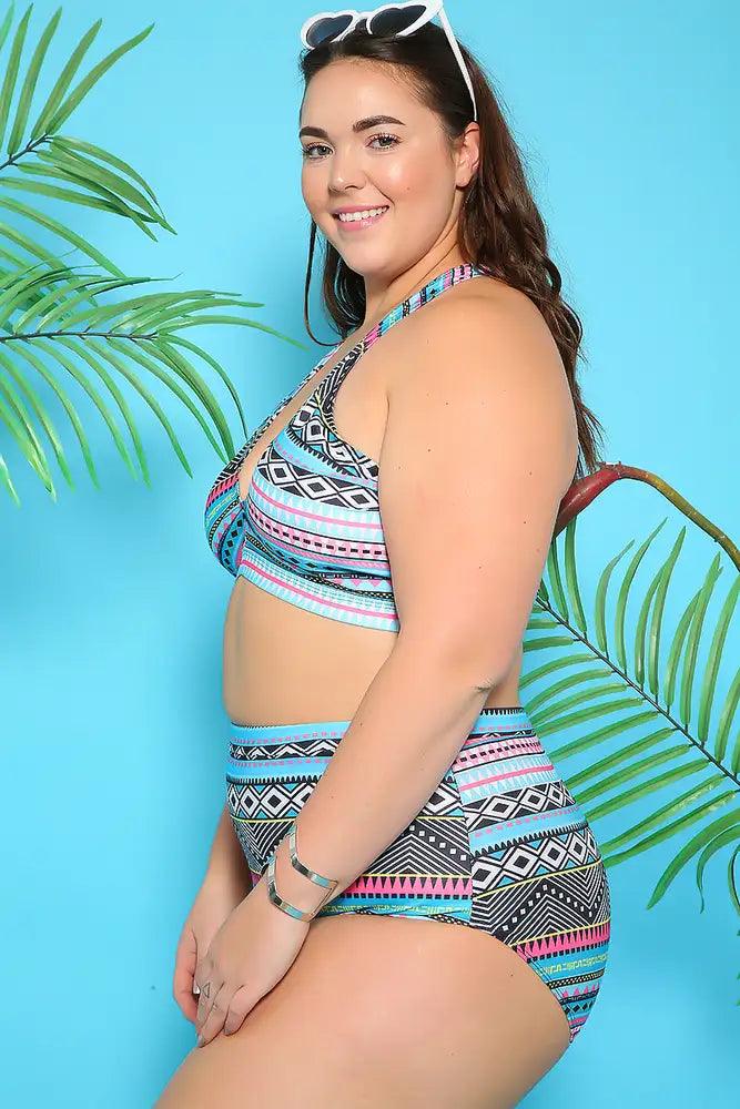 Sexy Teal Black Pattern Print Two Piece Plus Size Swimsuit - AMIClubwear