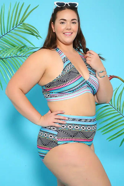 Sexy Teal Black Pattern Print Two Piece Plus Size Swimsuit - AMIClubwear