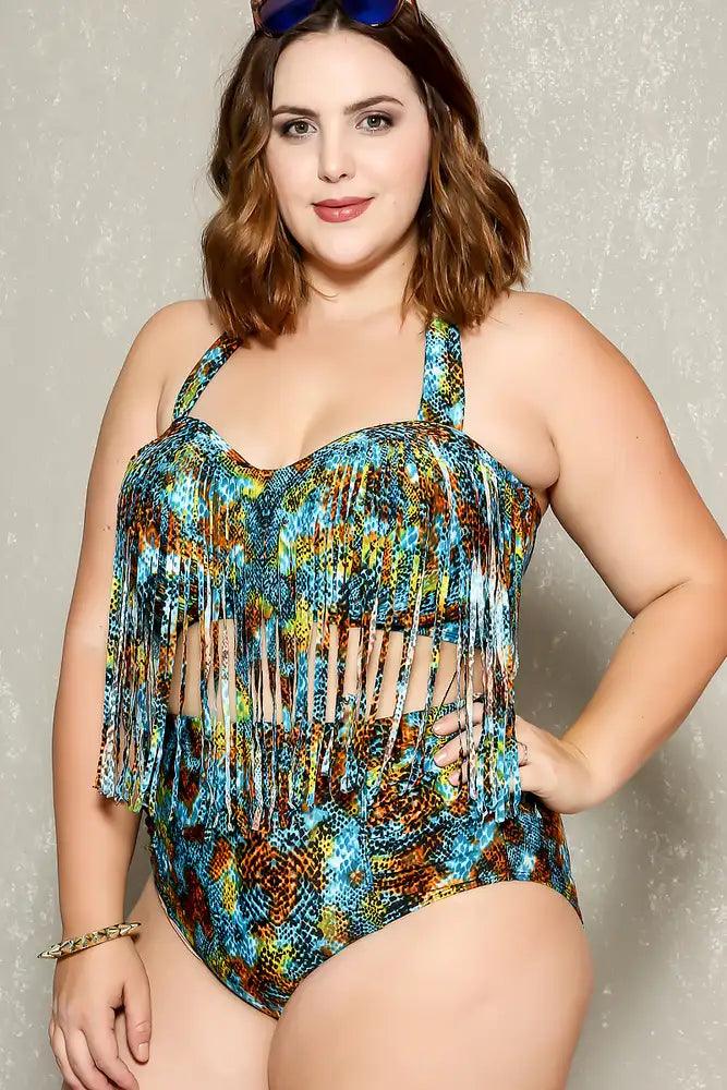 Sexy Teal Brown Animal Print Fringe Padded Two Piece Plus Size Swimsuit - AMIClubwear