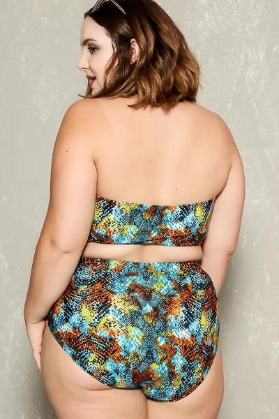 Sexy Teal Brown Animal Print Fringe Padded Two Piece Plus Size Swimsuit - AMIClubwear