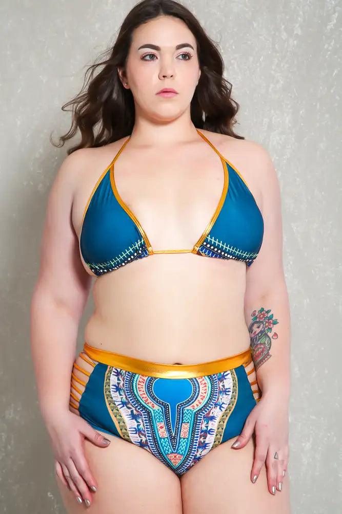 Sexy Teal Gold Tribal Print Strappy Plus Size Two Piece Swimsuit - AMIClubwear