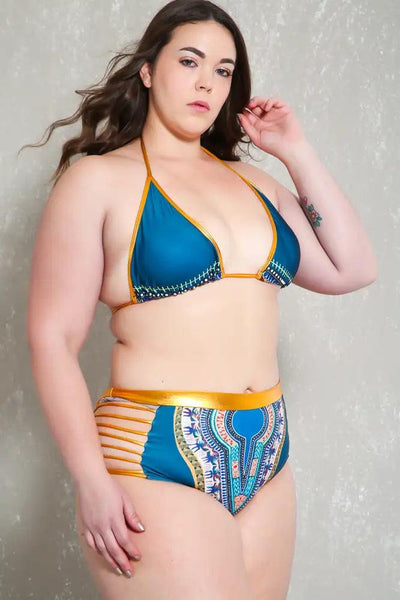 Sexy Teal Gold Tribal Print Strappy Plus Size Two Piece Swimsuit - AMIClubwear