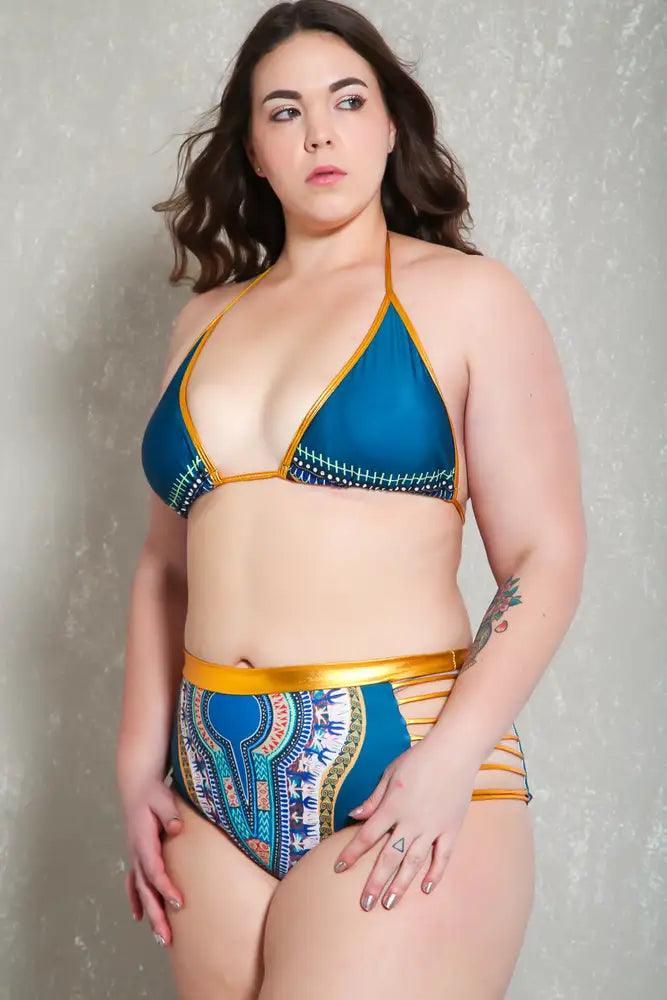 Sexy Teal Gold Tribal Print Strappy Plus Size Two Piece Swimsuit - AMIClubwear