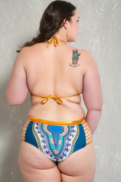 Sexy Teal Gold Tribal Print Strappy Plus Size Two Piece Swimsuit - AMIClubwear