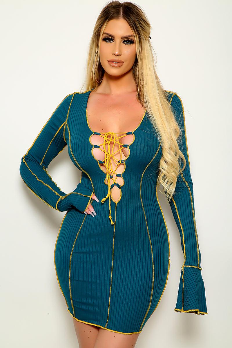 Sexy Teal Lace Up Flared Sleeves Ribbed Party Dress - AMIClubwear