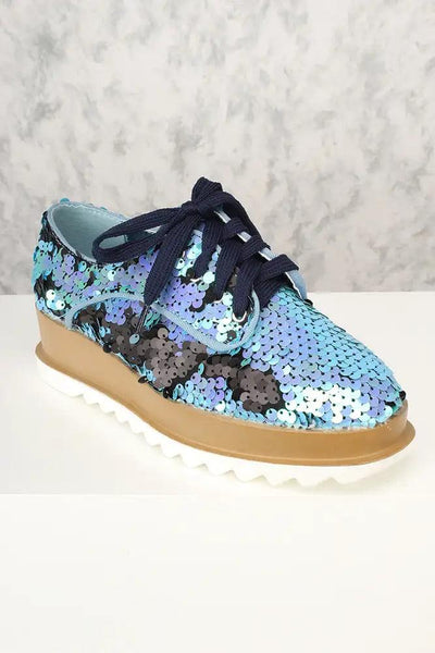Sexy Teal Lace Up Versatile Sequin Sneakers - AMIClubwear