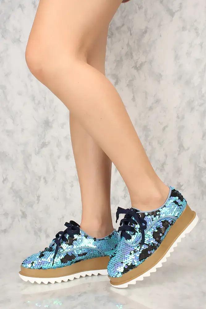 Sexy Teal Lace Up Versatile Sequin Sneakers - AMIClubwear