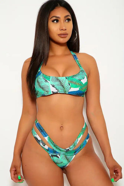 Sexy Teal Mint Leaf Print Strappy Cutout Two Piece Swimsuit - AMIClubwear