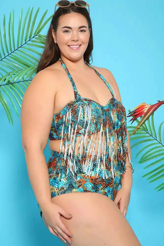 Sexy Teal Orange Printed Padded High Waist Plus Size Two Piece Swimsuit