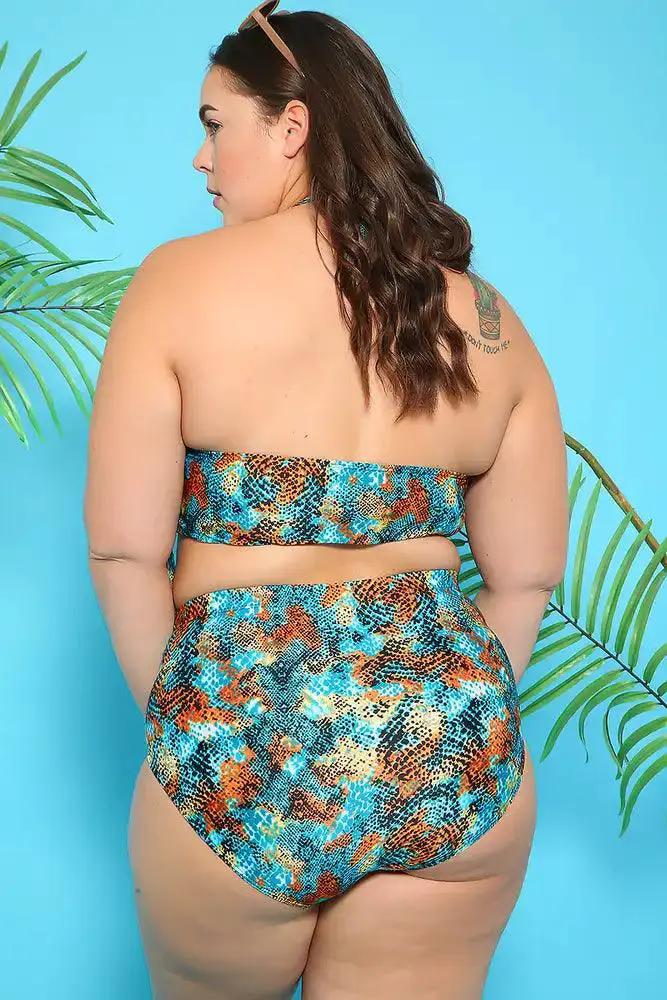 Sexy Teal Orange Printed Padded High Waist Plus Size Two Piece Swimsuit