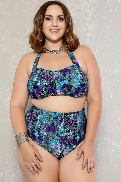 Sexy Teal Purple Print High Waist Plus Size Two Piece Swimsuit - AMIClubwear