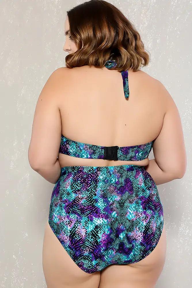 Sexy Teal Purple Print High Waist Plus Size Two Piece Swimsuit - AMIClubwear