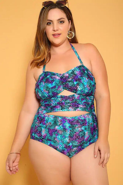 Sexy Teal Purple Print Pattern Padded Plus Size One Piece Swimsuit - AMIClubwear