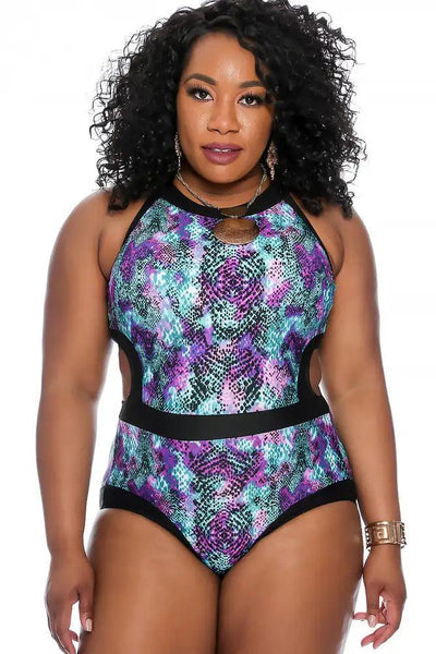 Sexy Teal Purple Printed Cutout Plus Size One Piece Swimsuit - AMIClubwear