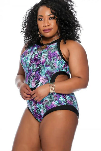 Sexy Teal Purple Printed Cutout Plus Size One Piece Swimsuit - AMIClubwear