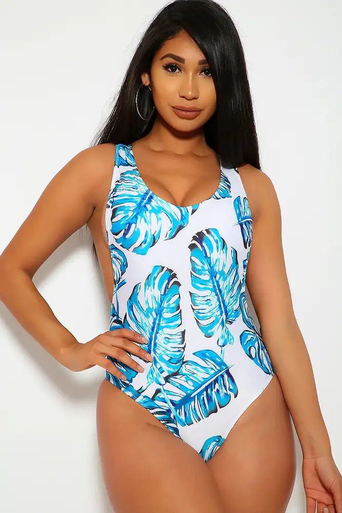 Sexy Teal White Leaf Print Side Boob One Piece Swimsuit - AMIClubwear