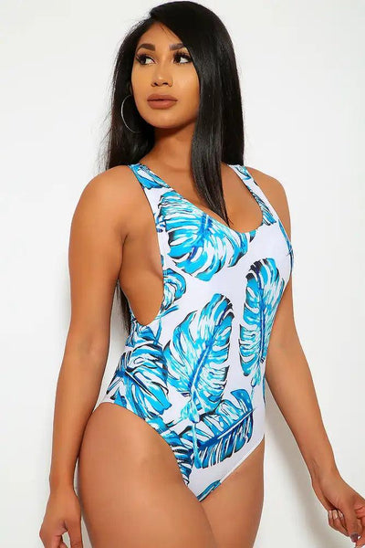 Sexy Teal White Leaf Print Side Boob One Piece Swimsuit - AMIClubwear